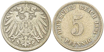ГЕРМАНИЯ 5 ПФЕННИГОВ 1894 D KM 11, J. 12, Weege 6 медно-никель 206-915