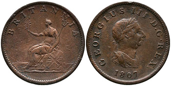 Великобритания 1/2 пенни 1807 Георг III (1760-1820) KM 662, Spink 3781 медь 1518-714
