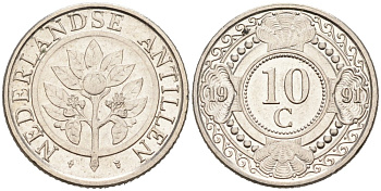 Нидерландские Антилы 10 центов 1991 Беатрикс (1980-2013) KM 34 никелированная сталь 188-1214