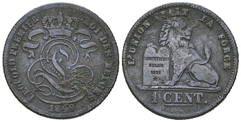 Бельгия 1 сантим 1849 Леопольд I (1831-1865), редкий год KM 1 медь 441-821