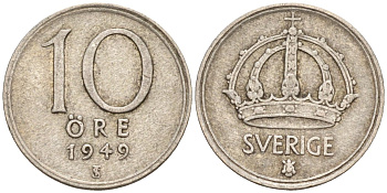 Швеция 10 эре 1949 TS, Густав V (1907-1950) KM 813 серебро 4147-855
