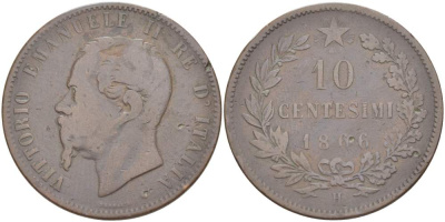 ИТАЛИЯ 10 ЧЕНТЕЗИМО 1866 H, МОНДВОР БИРМИНГЕМ, ВИКТОР ЭММАНУИЛ II (1861-1878) KM 11.3 медь 4526-823