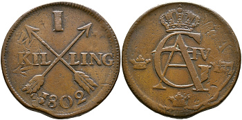 ШВЕЦИЯ 1 СКИЛЛИНГ 1802 KM 566 медь 36-621