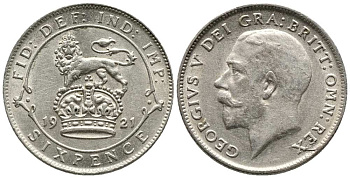 Великобритания 6 пенсов 1921 Георг V (1910-1936) KM 815а.1, Spink 4024 серебро UNC 1518-413