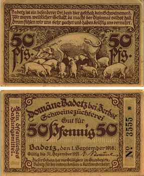 БАДЕЦ, ГЕРМАНИЯ 50 ПФЕННИГОВ 1918 НОТГЕЛЬД, ЗЕМЛЯ САКСОНИЯ-АНХАЛЬТ, 1 СЕНТЯБРЯ 1918, СВИНЬЯ С ПОРОСЯТАМИ ARNOLD KELLER 59.1 бумага 7551-42-3-2