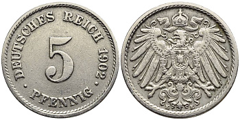 ГЕРМАНИЯ 5 ПФЕННИГОВ 1902 E KM 11, Jager 12, Weege 6 медно-никель 4547-425