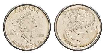 Канада 10 центов 2001 Международный год волонтеров KM 412 сталь плакированная никелем UNC 4630-853