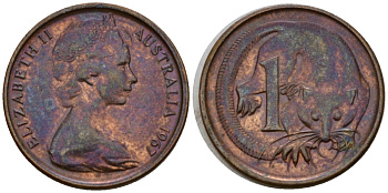 Австралия 1 цент 1967 Елизавета II (1953-), молодой портрет, опоссум KM 62 бронза 4602-215