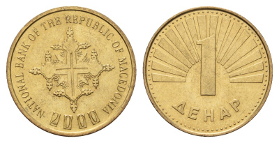 Македония 1 денар 2000 год-тип KM 27 медь цинк никель UNC 212-811