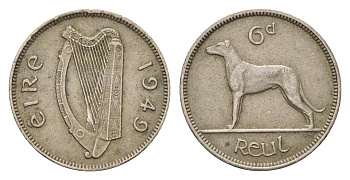 Ирландия 6 пенсов 1949 собака, ирландский волкодав KM 13a медно-никель 4690-329