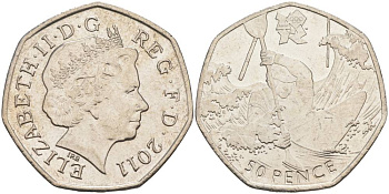 Великобритания 50 пенсов 2011 XXX летние Олимпийские игры в Лондоне в 2012 году, гребля, Елизавета II (1952-2022) KM 1168, Spink LO8 медно-никель 00-00