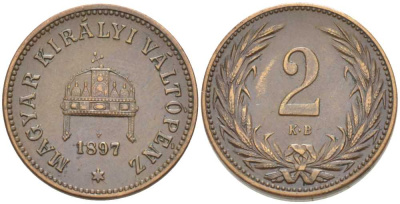 Венгрия 2 филлера 1897 KB, Франц Иосиф I (1848-1916) KM 481 бронза 201-224