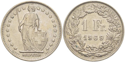 ШВЕЙЦАРИЯ 1 ФРАНК 1969 В KM 24а.1 медно-никель 210-1031