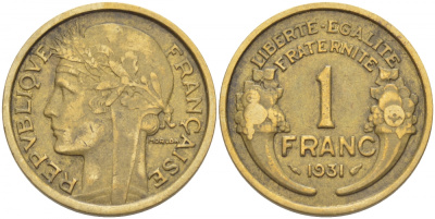 ФРАНЦИЯ 1 ФРАНК 1931 ТИП MORLON KM 885, LE FRANC 268.2 алюминиевая бронза 4402-847