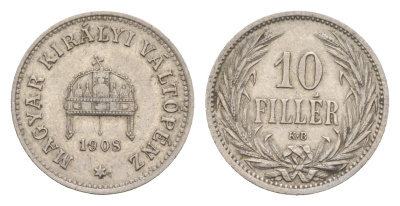 Венгрия 10 филлеров 1908 KB, Франц Иосиф (1848-1916) KM 482 никель 4651-1035