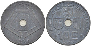 БЕЛЬГИЯ 10 САНТИМОВ 1943 BELGIQUE-BELGIE, ГЕРМАНСКАЯ ОККУПАЦИЯ, ВТОРАЯ МИРОВАЯ ВОЙНА KM 125 цинк 217-131