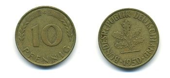 ФРГ 10 ПФЕННИГОВ 1950 G KM 108, J.383 сталь плакированная латунью 80-315