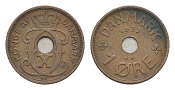 Дания 1 эре 1937 N, Кристиан X (1912-1947) KM 826 бронза 4658-156