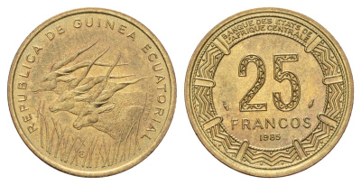Экваториальная Гвинея 25 франков 1985 год-тип KM 60 алюминиевая бронза UNC 4670-1254