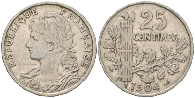 Франция 25 сантимов 1904 KM 856 никель 4616-457