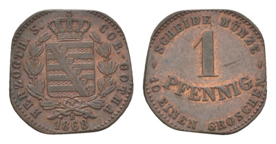 Саксен-Кобург-Гота 1 пфенниг 1868 B, Эрнст II (1844-1893) KM 143 медь 4625-1019