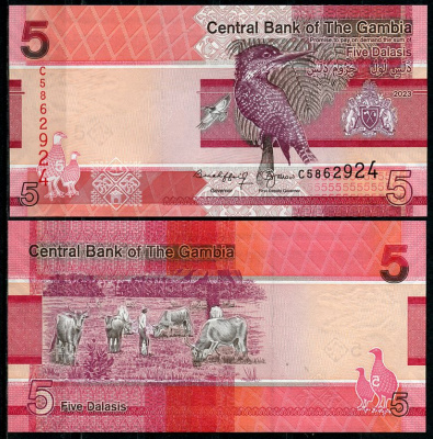 Гамбия 5, 10, 20, 50, 100 и 200 даласи 2023 серия птиц Pick 37, 38, 39, 40, 41, 42  бумага  UNC (пресс) 448-14-1-2
