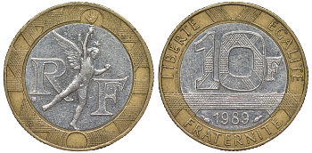 Франция 10 франков 1989 тип гений Бастилии KM 964.1, Le Franc 375.3 биметалл 45-544