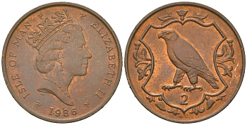Остров Мэн 2 пенса 1986 Елизавета II (1952-2022) KM 144 бронза UNC 4619-114
