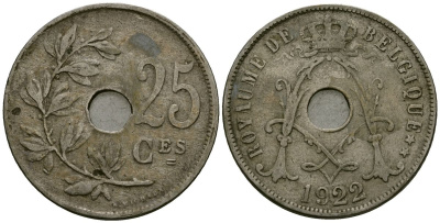 Бельгия 25 сантимов 1922 Belgique KM 68 медно-никель 4165-435