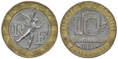 Франция 10 франков 1991 тип гений Бастилии KM 964.1, Le Frank 375.6 биметалл 4128-522
