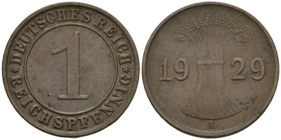 Германия 1 рейхспфенниг 1929 A KM 37, J. 313 бронза 4189-1126