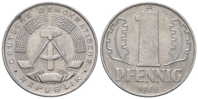 ГДР 1 пфенниг 1968 А КМ 8.1 алюминий аUNC 4615-1214