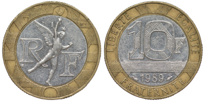 Франция 10 франков 1989 тип гений Бастилии KM 964.1, Le Franc 375.3 биметалл 45-544