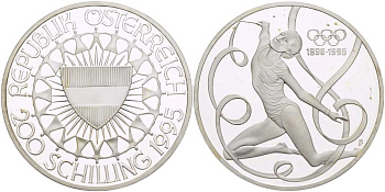 Австрия 200 шиллингов 1995 100 лет Олимпийским играм, гимнастика KM 3027 серебро PROOF 1085-6-33