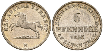 Ганновер 6 пфеннига 1855 B, Георг V (1851-1866) KM 218, AKS 150, Jaeger 76 серебро 413-3922