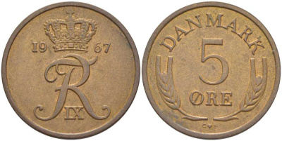 ДАНИЯ 5 ЭРЕ 1967 C; S, ФРЕДЕРИК IX (1947-1972) KM 848.1 бронза 67-754