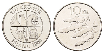 Исландия 10 крон 2008 рыбы KM 29.1a сталь плакированная никелем UNC 4691-315