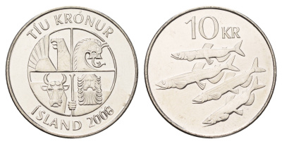 Исландия 10 крон 2008 рыбы KM 29.1a сталь плакированная никелем UNC 4691-315