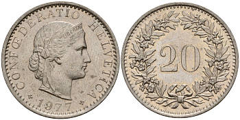 Швейцария 20 раппенов 1977 KM 29a медно-никель 4187-757