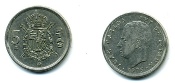 Испания 5 песет 1975 (78) Хуан Карлос I (1975-2014) KM 807 медно-никель 25-2033