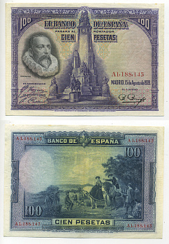 Испания 100 песет 1928 Мигель де Сервантес Сааведра, памятник Сервантесу, картина Дон Кихот Pick 76 а бумага 6278-14-3