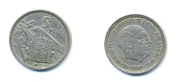 ИСПАНИЯ 5 ПЕСЕТ 1957 (58) ФРАНСИСКО ФРАНКО ДИКТАТОР ИСПАНИИ (1939-1975) KM 786 медно-никель 54-1315