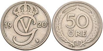 Швеция 50 эре 1920 W, Густав V (1907-1950), oval O KM 796 никель бронза 73-1027
