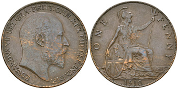 Великобритания 1 пенни 1910 Эдуард VII (1901-1910) KM 794.2, Spink 3990 бронза  aUNC  4590-1245