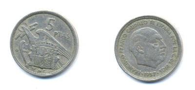 ИСПАНИЯ 5 ПЕСЕТ 1957 (58) ФРАНСИСКО ФРАНКО ДИКТАТОР ИСПАНИИ (1939-1975) KM 786 медно-никель 54-1315