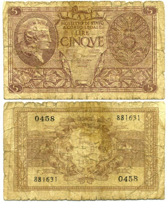 Италия 5 лир 1944 23 ноября 1944 Афина в шлеме, signatures: BoLaffi / CavalLaro / Giovinco Pick 31b, Grapanzano BS 30 3295-47-1-2