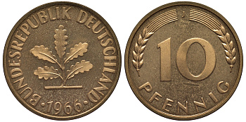 ФРГ 10 пфеннигов 1966 J J 383, KM 108 сталь плакированная латунью  PROOF  1099-4-14