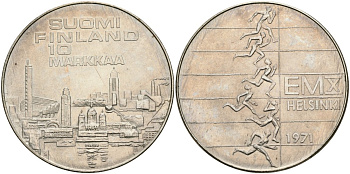 Финляндия 10 марок 1971 S-H, X Чемпионат Европы по легкой атлетике, в оригинальной упаковке, сертификат KM 52 серебро UNC 1518-213