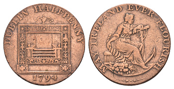 Ирландия, Дублин 1/2 пенни 1794 Уильям Паркер - торговец скобяными изделиями, редкая разновидность, надпись на гурте - PAYABLE IN LANCASTER LONDON OR BRISTOL, токен Dalton & Hamer 351b серебро 3711-642