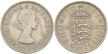 Великобритания 1 шиллинг 1956 Елизавета II (1952-2022), Английский герб KM 904, Spink 4147 медно-никель 4544-437